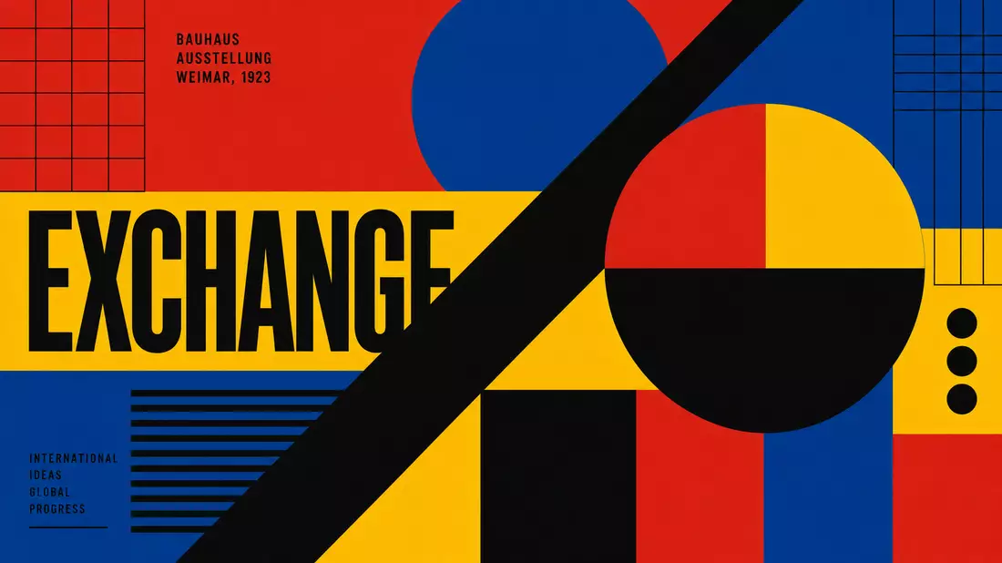 Bauhaus-Poster mit Text EXCHANGE, geometrischen Formen und Primärfarben Rot Blau Gelb