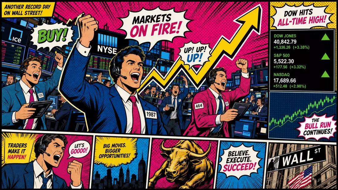 Pop-Art-Comic mit jubelnden Börsenhändlern, Haussebulle und Kursanstiegspfeil in kräftigen Farben