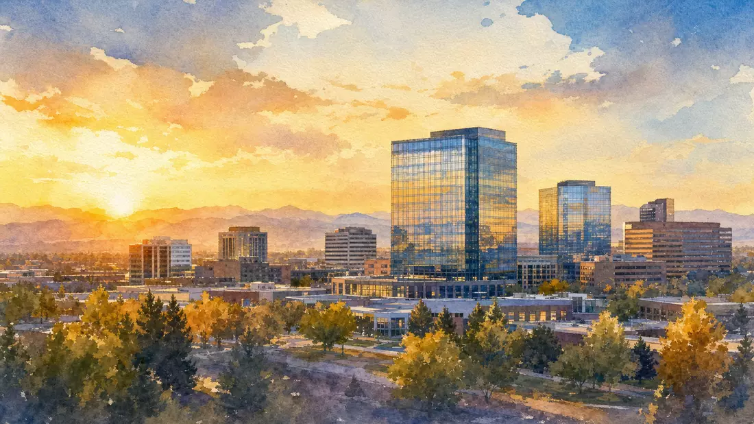Aquarellmalerei der Skyline von Englewood Colorado mit Bergen im Sonnenuntergang