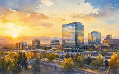 Liberty Broadband (US5303071071): Aquarellgemälde der Firmenstadt Englewood mit Rocky Mountains im warmen Abendlicht - Foto: THN