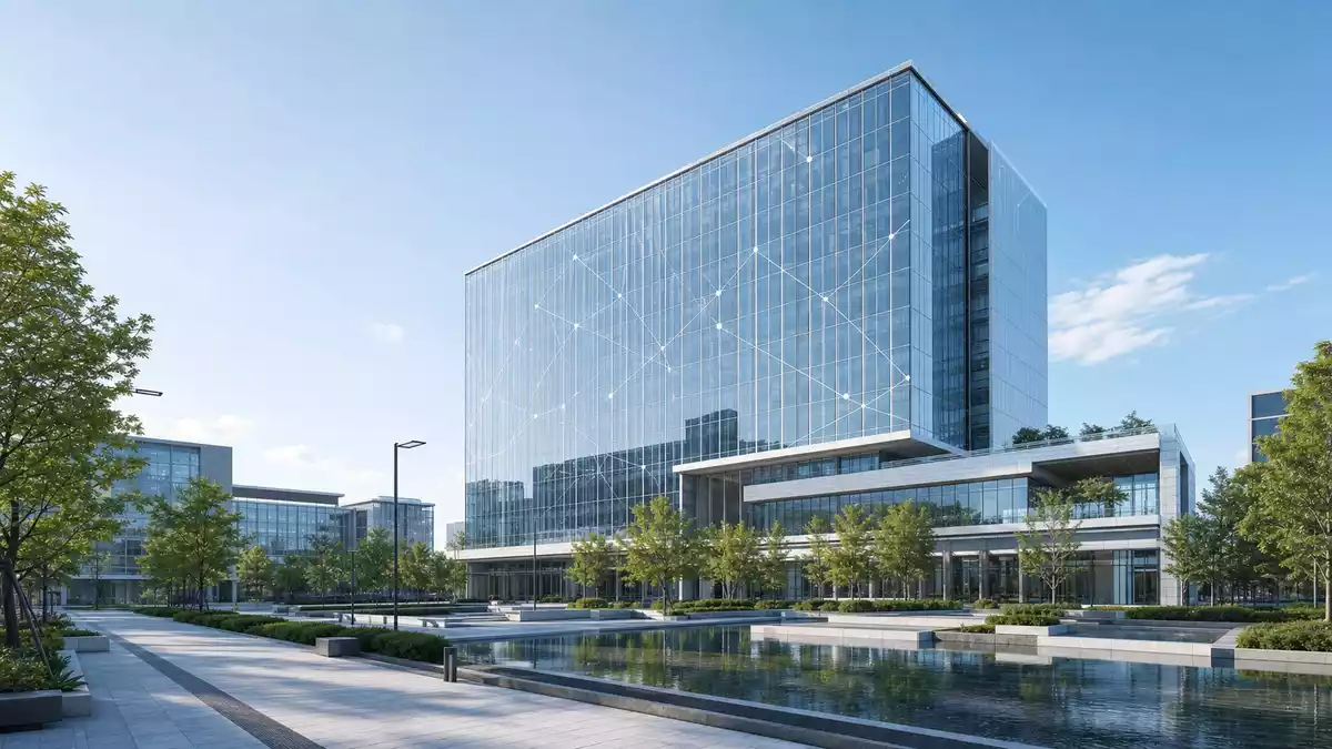 3D-Architekturrender eines modernen Glasbürogebäudes mit Netzwerkmuster und Reflexionsbecken