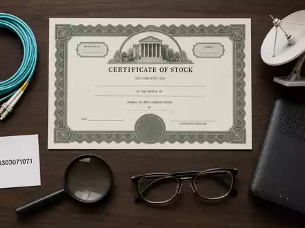 Liberty Broadband (US5303071071): Flatlay zeigt Aktienzertifikat, ISIN-Karte, Glasfaserkabel und Router auf Holztisch - Foto: THN