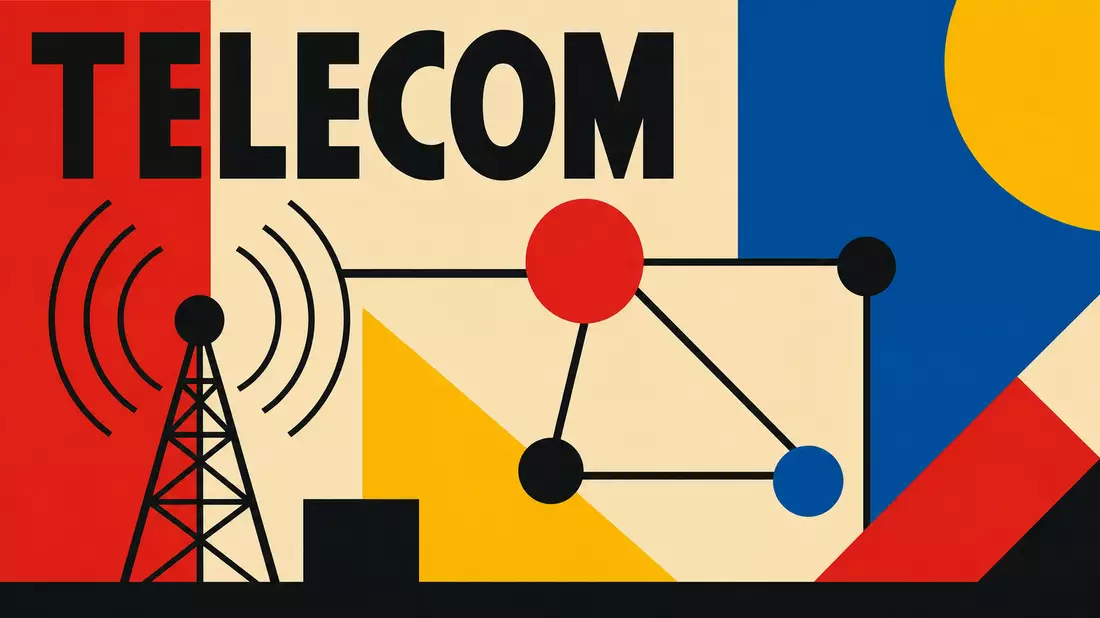 Bauhaus-Poster mit geometrischen Formen, Funkturm-Symbol und Schriftzug TELECOM in Primärfarben