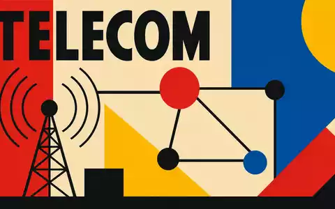 Liberty Broadband (US5303071071): Bauhaus-Poster mit geometrischen Formen, Funkturm-Symbol und Text TELECOM in Primärfarben - Foto: THN
