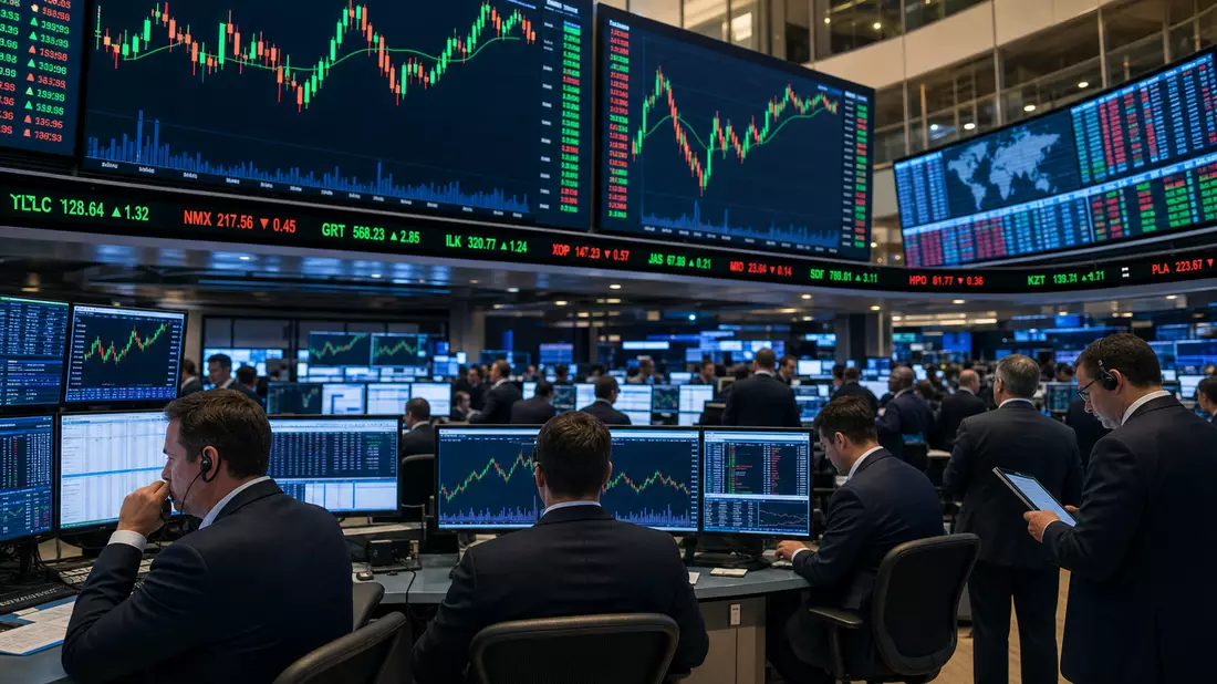 Trading-Floor mit großen Bildschirmen und Kurscharts für Telekommunikationswerte an der Börse