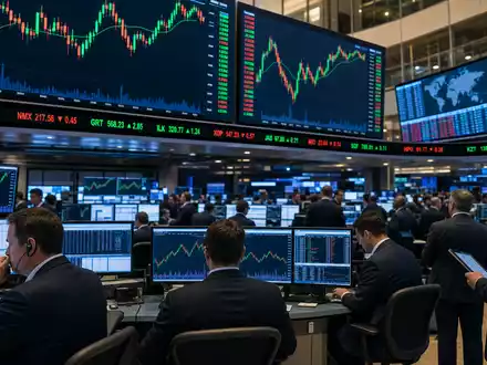 Liberty Broadband (US5303071071): Börsen-Editorial zeigt belebten Trading-Floor mit Kurscharts der NASDAQ-notierten Telekommunikationsbranche heute - Foto: THN