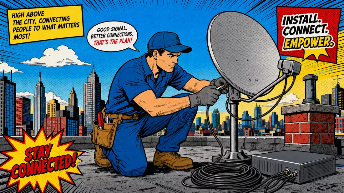 Bunte Pop-Art-Comicszene mit Techniker und Satellitenschüssel auf Dach vor Skyline