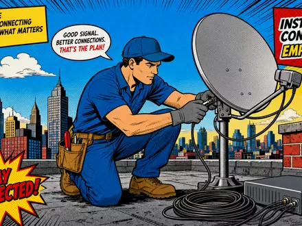 Liberty Broadband (US5303071071): Pop-Art-Comic zeigt Techniker beim Installieren einer Satellitenschüssel vor Stadtskyline - Foto: THN