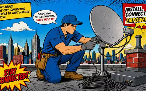 Liberty Broadband (US5303071071): Pop-Art-Comic zeigt Techniker beim Installieren einer Satellitenschüssel vor Stadtskyline - Foto: THN
