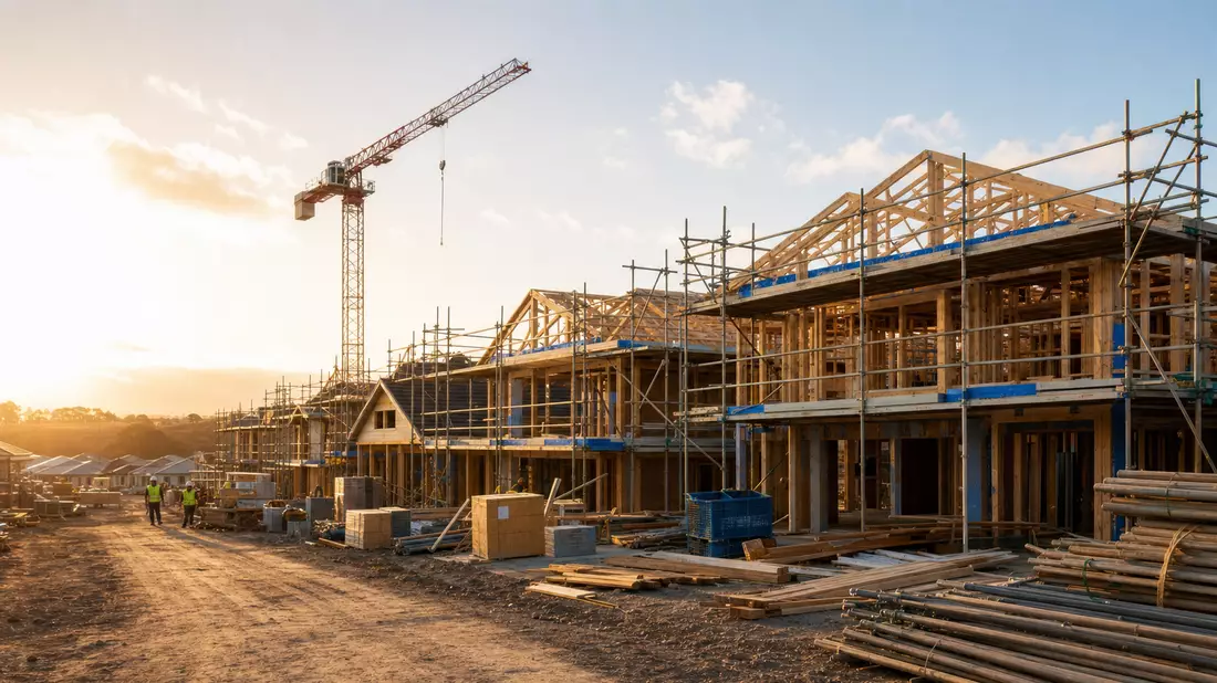 Fotorealistische Baustelle einer Wohnsiedlung mit Holzrahmenhäusern und Kran bei Sonnenuntergang
