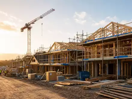 Lennar Corporation (ISIN US5260571048) zeigt eine fotorealistische Wohnsiedlung im Bau bei goldenem Abendlicht mit Baukran - Foto: THN