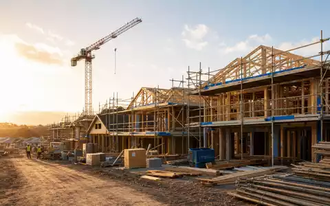 Lennar Corporation (ISIN US5260571048) zeigt eine fotorealistische Wohnsiedlung im Bau bei goldenem Abendlicht mit Baukran - Foto: THN
