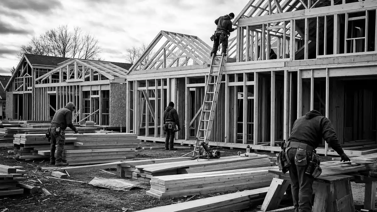 Schwarzweiß-Reportagefoto von Bauarbeitern bei der Holzrahmenkonstruktion von Wohnhäusern