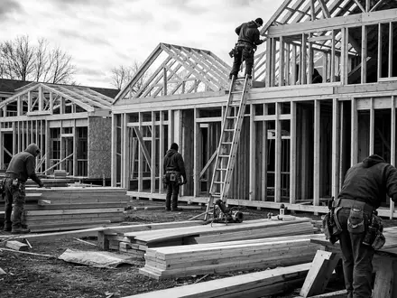 Lennar Corporation (ISIN US5260571048) dokumentiert in Schwarzweiß Bauarbeiter beim Errichten von Holzrahmenhäusern - Foto: THN