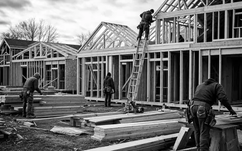 Lennar Corporation (ISIN US5260571048) dokumentiert in Schwarzweiß Bauarbeiter beim Errichten von Holzrahmenhäusern - Foto: THN