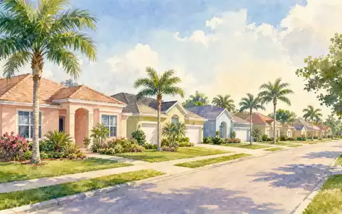 Lennar Corporation (ISIN US5260571048) wird als Aquarell einer sonnigen amerikanischen Vorstadtstraße mit Einfamilienhäusern dargestellt - Foto: THN