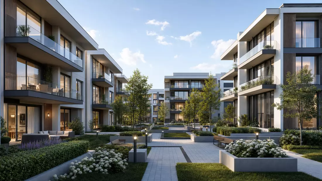 Architektur-Render eines modernen Mehrfamilienwohnkomplexes mit begrüntem Innenhof
