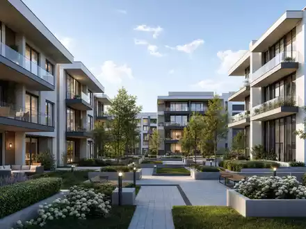 Lennar Corporation (ISIN US5260571048) präsentiert einen modernen Architektur-Render eines mehrgeschossigen Wohnkomplexes mit Innenhof - Foto: THN