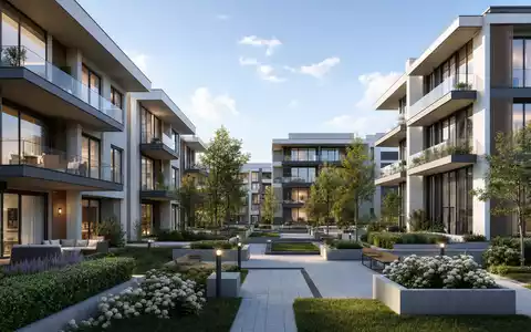 Lennar Corporation (ISIN US5260571048) präsentiert einen modernen Architektur-Render eines mehrgeschossigen Wohnkomplexes mit Innenhof - Foto: THN