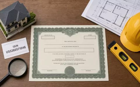 Lennar Corporation (ISIN US5260571048) inszeniert ein Flatlay mit Aktienzertifikat, ISIN-Karte, Bauplan und Bauhelm - Foto: THN