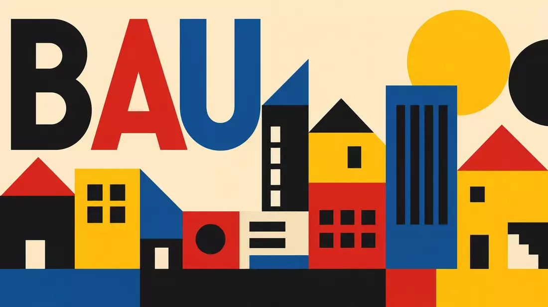 Geometrisches Bauhaus-Poster mit stilisierten Häusern in Rot, Gelb, Blau und Schwarz