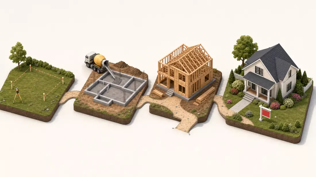 Isometrische 3D-Grafik der Wertschöpfungskette vom Grundstück bis zum fertigen Wohnhaus