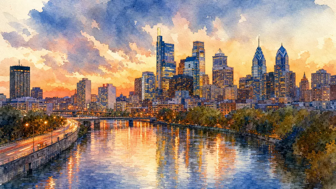 Aquarellmalerei einer Stadtskyline am Fluss in warmen Abendfarben