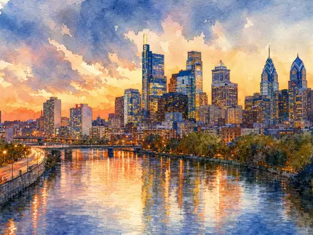Lincoln National US5341871094 präsentiert Aquarellgemälde der Philadelphia-Skyline entlang eines Flusses bei Dämmerung - Foto: THN
