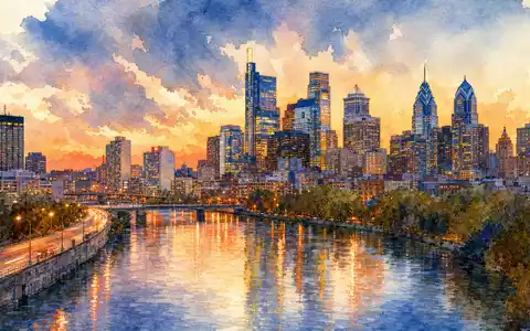 Lincoln National US5341871094 präsentiert Aquarellgemälde der Philadelphia-Skyline entlang eines Flusses bei Dämmerung - Foto: THN