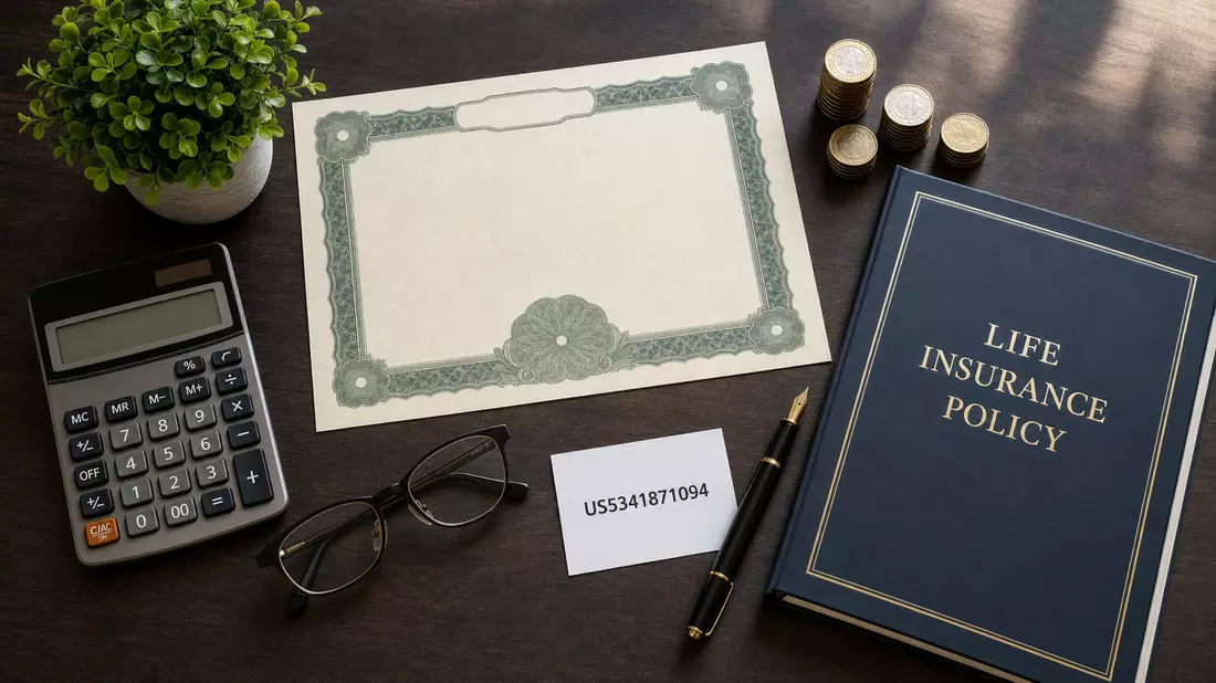 Flatlay-Foto mit Zertifikat, ISIN-Karte, Füllfederhalter und Versicherungspolice