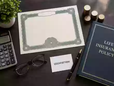 Lincoln National US5341871094 zeigt Flatlay mit Aktienzertifikat, ISIN-Karte und Versicherungspolice auf Holztisch - Foto: THN