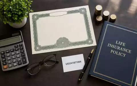 Lincoln National US5341871094 zeigt Flatlay mit Aktienzertifikat, ISIN-Karte und Versicherungspolice auf Holztisch - Foto: THN
