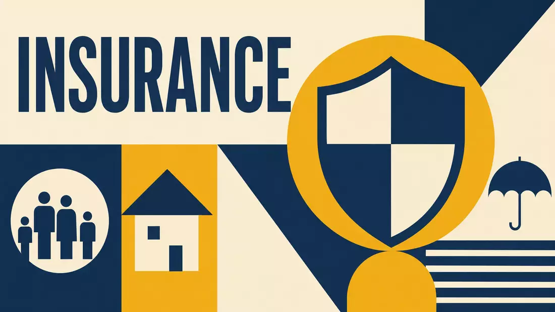 Geometrisches Bauhaus-Poster mit Schild-Symbol und dem Schriftzug Insurance