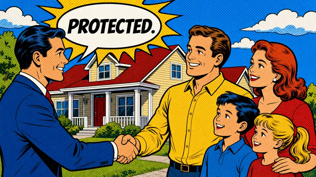 Pop-Art-Comic mit Handschlag zwischen Vertreter und Familie vor Einfamilienhaus