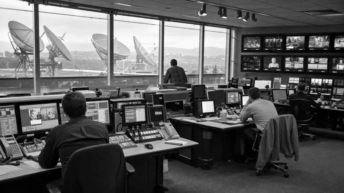 Schwarzweiß-Reportage einer Newsroom-Regie mit Satellitenschüsseln im Hintergrund