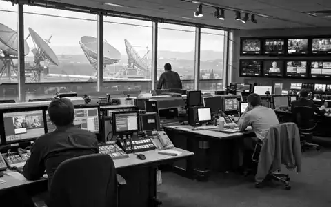 Liberty Media Corp. (US5312298541) Medienzentrale in Schwarzweiß mit Satellitenschüsseln und Technikern am Sendepult - Foto: THN