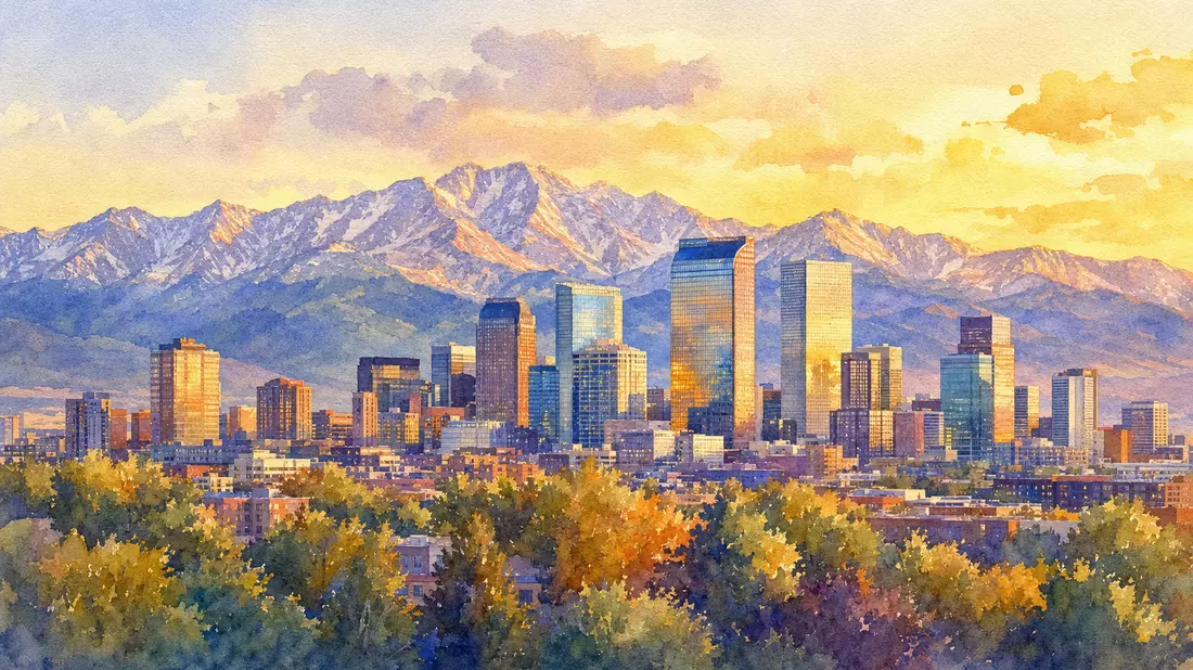 Aquarellmalerei der Denver-Skyline vor den Rocky Mountains bei Sonnenuntergang