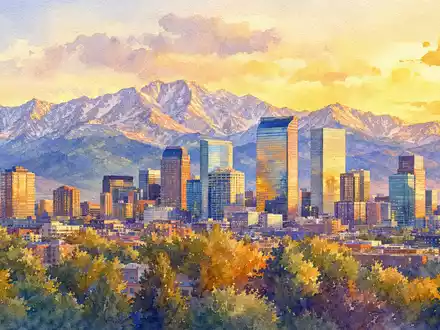 Liberty Media Corp. (US5312298541) Aquarellbild der Skyline von Denver mit Rocky Mountains im Hintergrund - Foto: THN