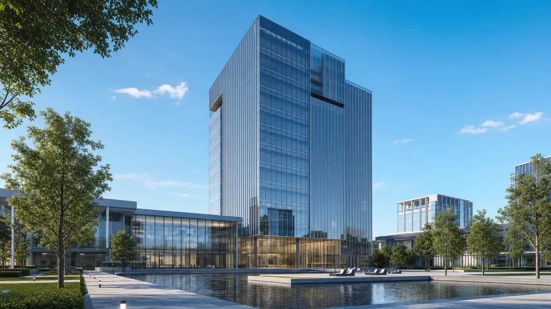 Architektur-Rendering eines modernen Glas-Bürohochhauses mit Reflexionspool