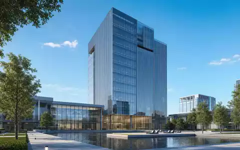 Liberty Media Corp. (US5312298541) zeigt modernes Hochhaus-Rendering eines gläsernen Firmensitzes mit weitläufigem Wasserbecken - Foto: THN