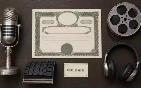 Liberty Media Corp. (US5312298541) Flatlay mit Aktienzertifikat, ISIN-Karte, Mikrofon, Filmrolle und Kopfhörern - Foto: THN