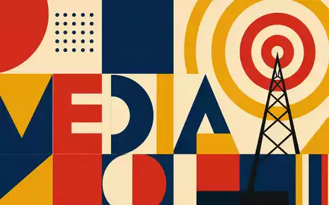 Liberty Media Corp. (US5312298541) Bauhaus-Poster mit geometrischen Formen und dem Sektor-Schriftzug MEDIA - Foto: THN