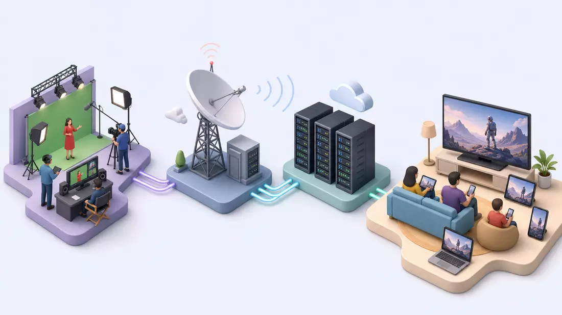 Isometrische 3D-Illustration der Wertschöpfungskette von Produktion bis Streaming