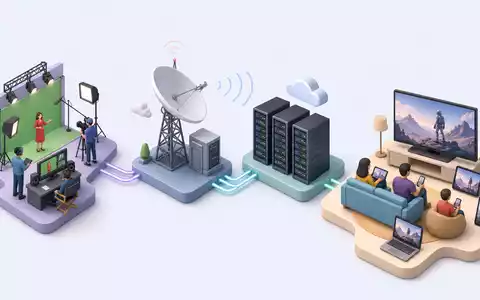 Liberty Media Corp. (US5312298541) isometrische 3D-Grafik der Medien-Wertschöpfungskette von Produktion bis Publikum - Foto: THN