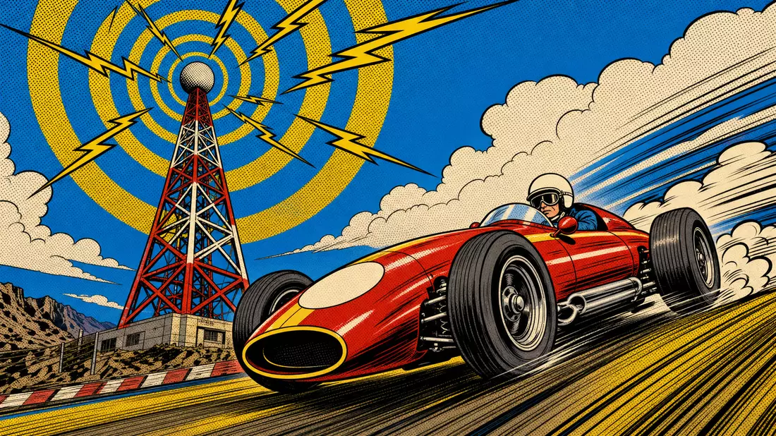 Pop-Art-Comic-Szene mit Rennwagen und Funkturm mit Radiowellen