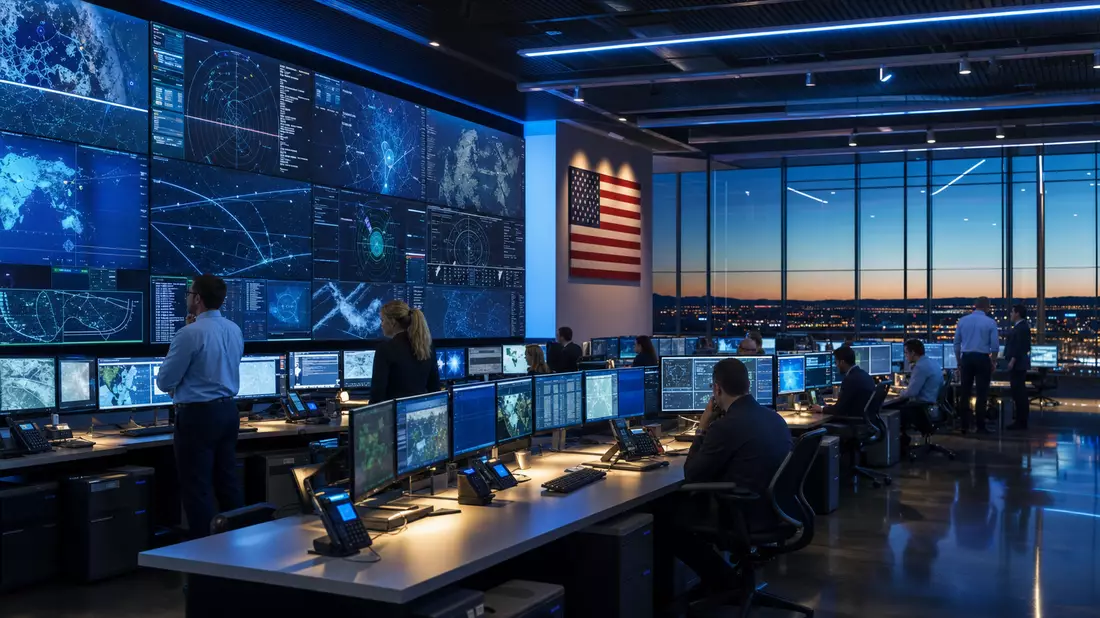 Modernes Kontrollzentrum mit Monitoren bei Nacht, symbolisch für Leidos Holdings Verteidigungstechnologie