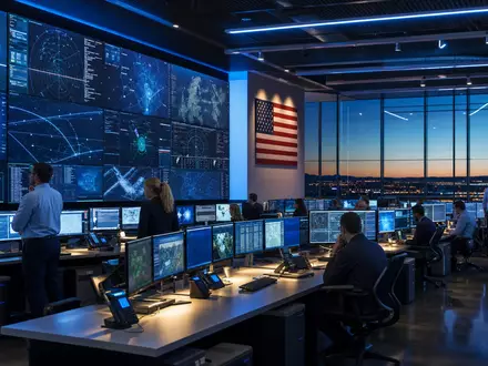 Fotorealistisches Bild zeigt Leidos Holdings ISIN US5253271028 in modernem Kontrollzentrum mit Bildschirmen bei Daemmerung - Foto: THN
