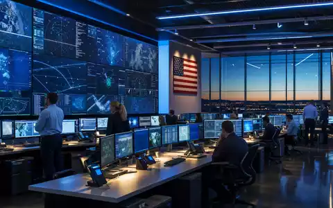Fotorealistisches Bild zeigt Leidos Holdings ISIN US5253271028 in modernem Kontrollzentrum mit Bildschirmen bei Daemmerung - Foto: THN