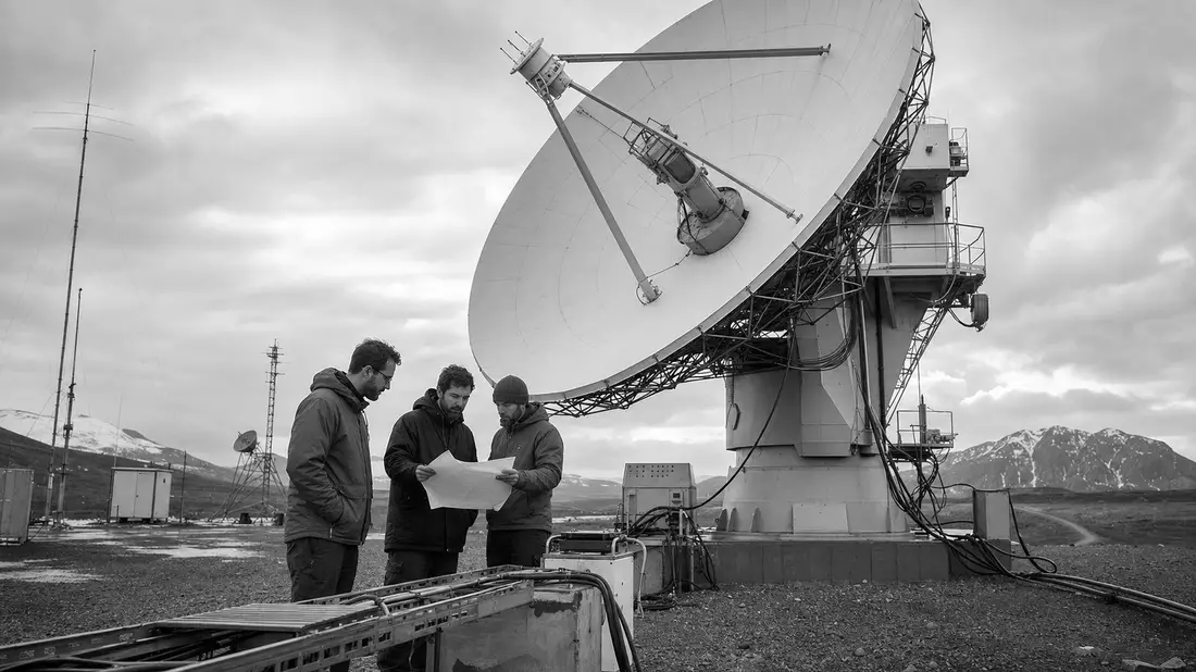 Schwarzweiß-Dokumentarfoto einer Satellitenschüssel mit Technikern im freien Gelände