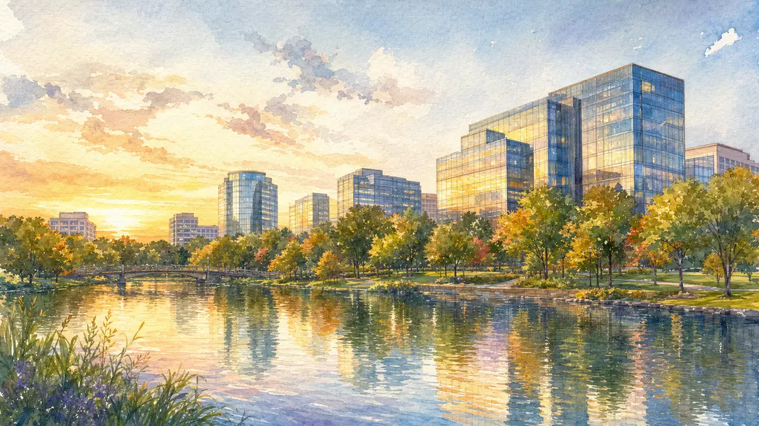 Aquarellmalerei eines Bürocampus mit Glastürmen und Teich bei goldenem Sonnenuntergang